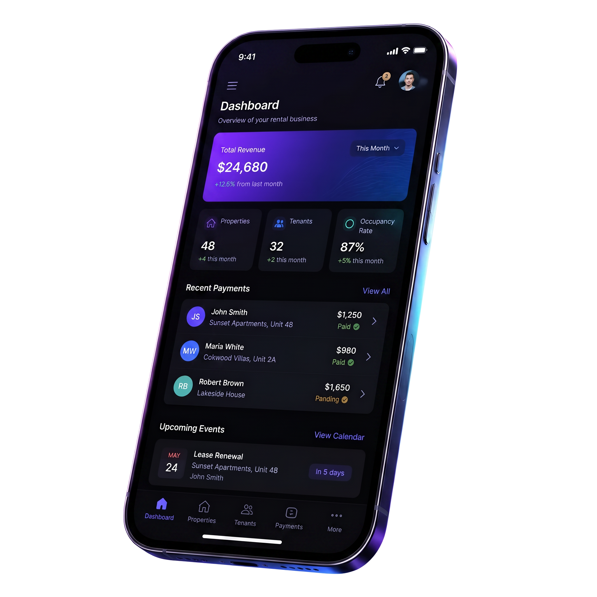 Booker rental management dashboard on mobile